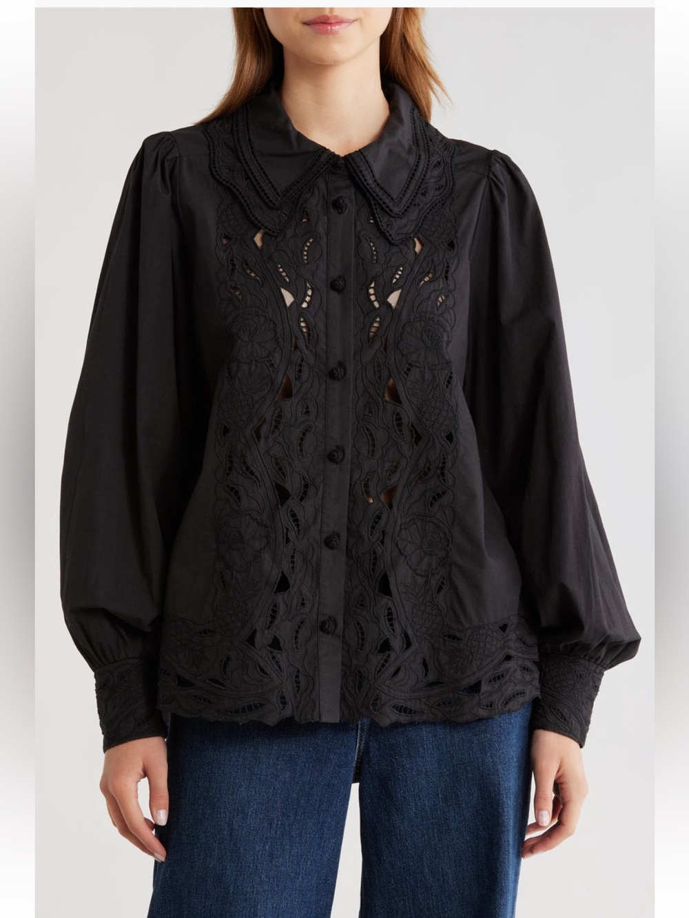 FARM Rio Black Embroidered Cutwork Button-Down Blouse